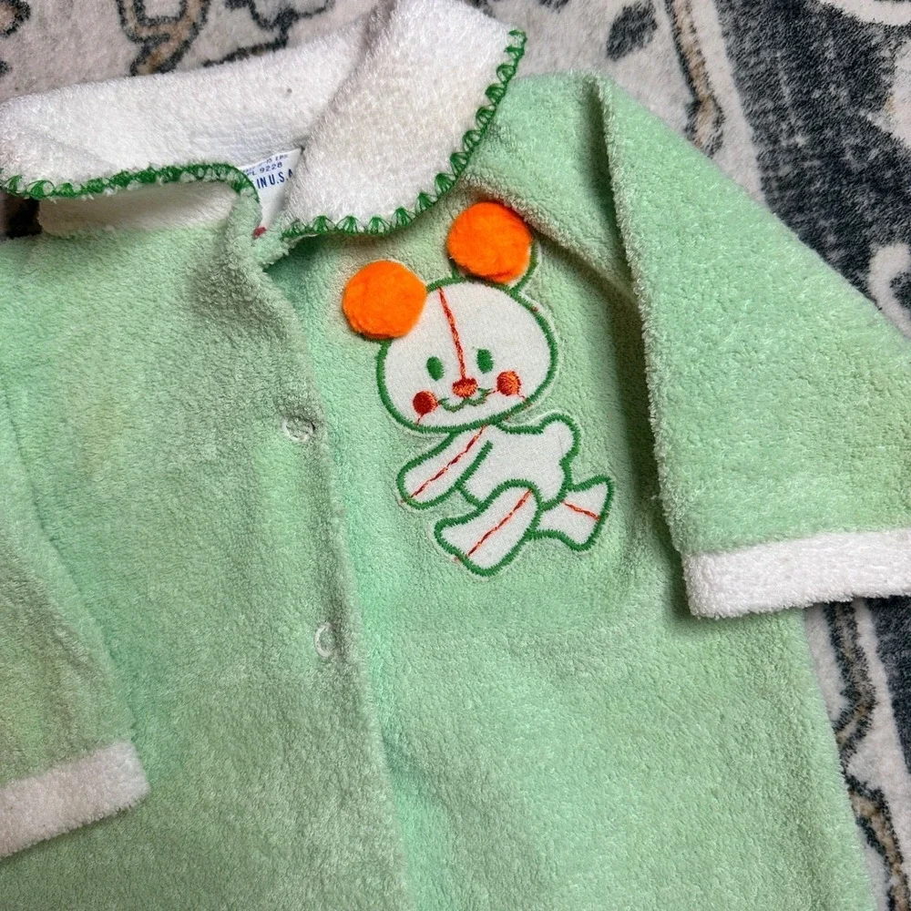 Vtg 70s Trimfit Sleeper Terry Cloth Green Mouse Applique Baby Small‎ 0-15 Lbs